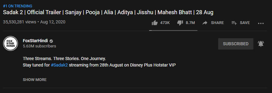 'सड़क 2' के यूट्यूब ट्रेलर का स्क्रीनग्रैब. 'सड़क 2' के यूट्यूब ट्रेलर का स्क्रीनग्रैब.