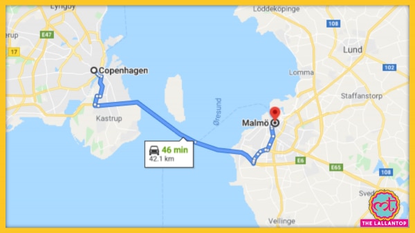 40 मिनट में डेनमार्क की राजधानी कोपेनहेगेन से मालमो पहुंचा जा सकता है. (गूगल मैप्स) Copenhagen To Malmo