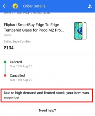 कैन्सेल्ड ऑर्डर का स्क्रीनशॉट. Return Flipkart