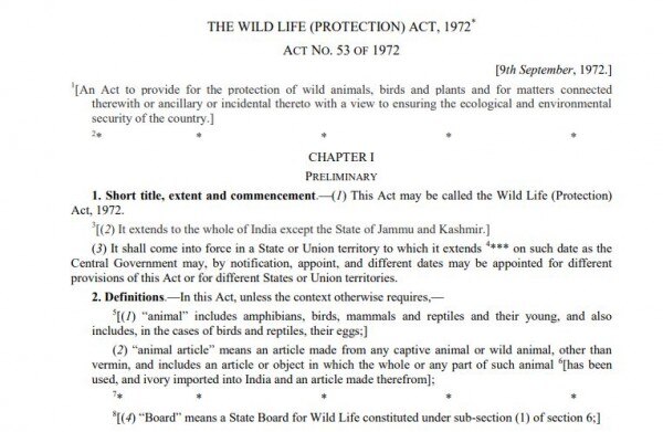 वाइल्डलाइफ प्रोटेक्शन एक्ट से एक पन्ना. Wlp Act