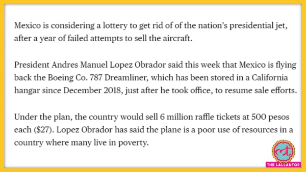 ओब्रादोर का लॉटरी प्लान. Boeing 787 8 Lottery Report