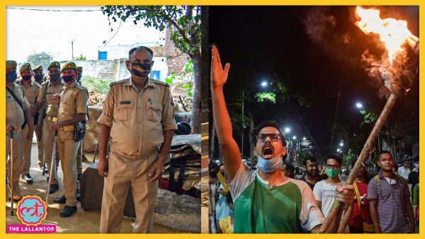 हाथरस के चांदपा थाना इलाके स्थित गांव में विक्टिम के घर के बाहर तैनात पुलिस कर्मी (लेफ्ट), राइट में दिख रही तस्वीर कोलकाता की है, यहां स्टूडेंट्स ने हाथरस केस के विरोध में मशाल रैली निकाली थी. दोनों फोटो- पीटीआई