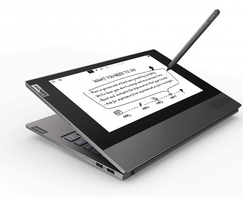 ये है ई-इंक स्क्रीन कवर वाला लिनोवो थिंकबुक प्लस लैपटॉप. Lenovo Thinkbook Plus
