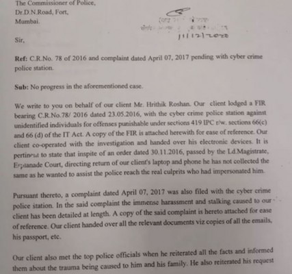 ऋतिक की लीगल टीम की तरफ से भेजा गया लेटर. फोटो - ट्विटर Letter
