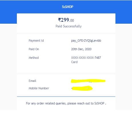 Sellshop नाम की वेबसाइट से ऑर्डर करने पर मिली हुई रिसीट. Sellshop Order Confirmation