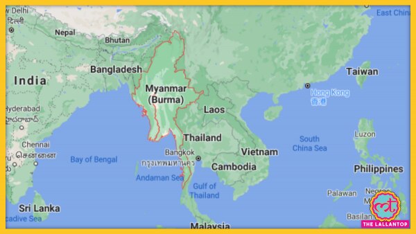 लाल घेरे में भारत का पड़ोसी देश म्यांमार. (गूगल मैप्स) Myanmar Map