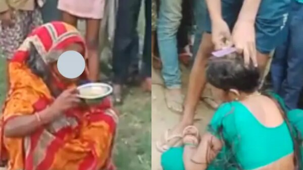 बाएं से दाएं: मजबूरी में पेशाब पीती बूढ़ी महिला. एक दूसरी बूढ़ी औरत का मुंडन करता आदमी. फोटो- रितेश अनुपम. Slut Shaming And Witch Hunting (5)