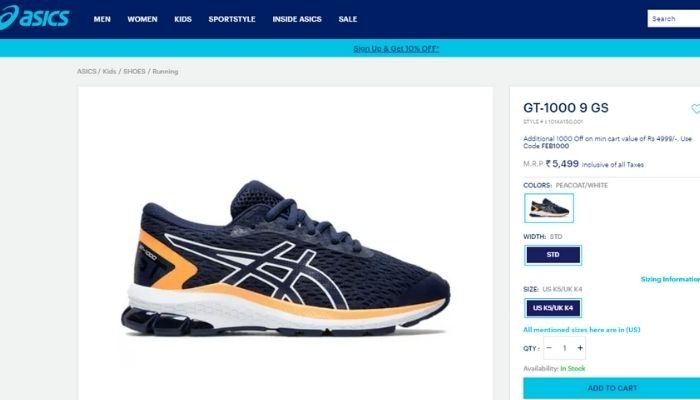 ASICS की वेबसाइट पर जूते की कीमत 5,499 है. Asics Shoes