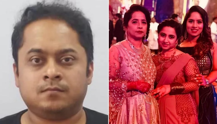 बाईं तस्वीर में है आरोपी वरुण अरोड़ा. दाईं तस्वीर में (बाएं से दाएं) सास अनीता, पत्नी दिव्या और साली प्रियंका. Varun Arora Family