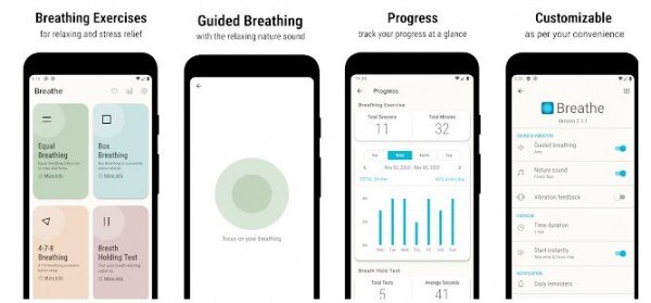 Breath ऐप आपको बहुत सारी ब्रीदिंग एक्सर्साइज़ सिखाता है. Breath 1