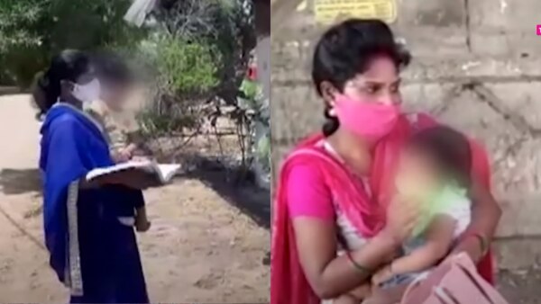 बाएं से दाएं: आंगनबाड़ी कार्यकर्ता बच्चे के साथ. ANM बच्चे के साथ. Female Frontline Workers (2)
