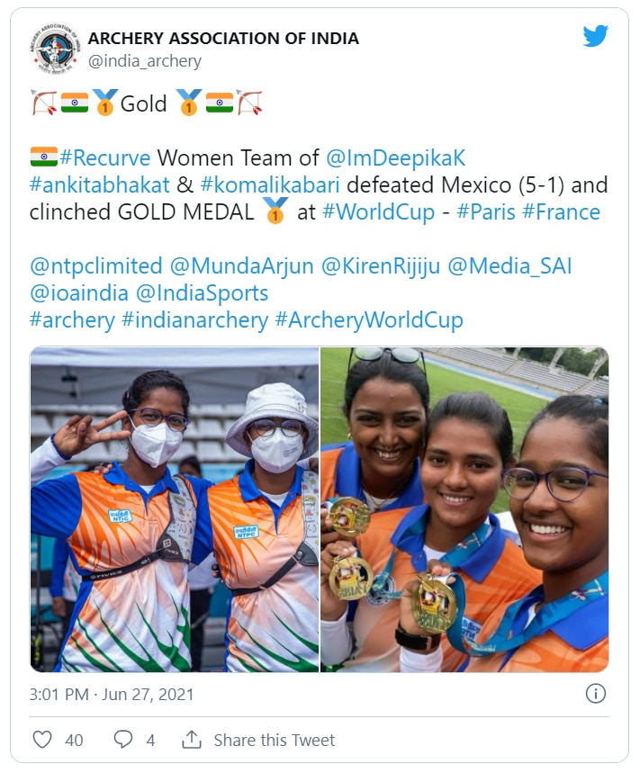तीरंदाज़ दीपिका कुमारी, अंकिता भगत और कोमोलिका बारी ने तीरंदज़ी विश्वकप में स्वर्ण पदक जीता (फोटो - ट्वीटर) तीरंदाज़ दीपिका कुमारी, अंकिता भगत और कोमोलिका बारी ने तीरंदज़ी विश्वकप में स्वर्ण पदक जीता (फोटो - ट्वीटर)