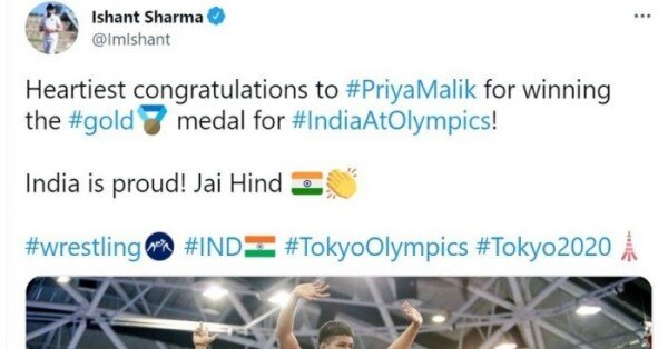 भारतीय क्रिकेटर ईशांत शर्मा ने भी गलती से ओलंपिक की बधाई दे दी. फोटो: Twitter Ishant Tweet