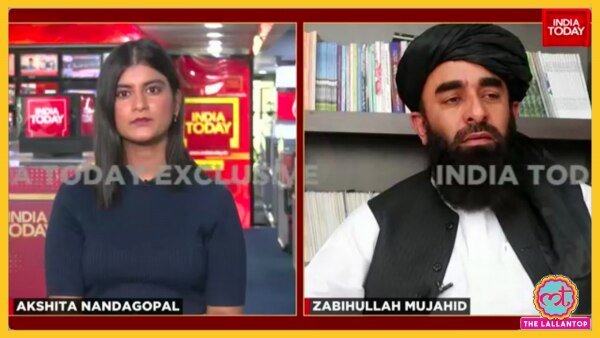 इंडिया टुडे की एंकर अक्षिता नंदगोपाल तालिबान के प्रवक्ता जबीउल्लाह मुजाहिद से बातचीत करते हुए. (फोटो: साभार इंडिया टुडे) Untitled Design (90)