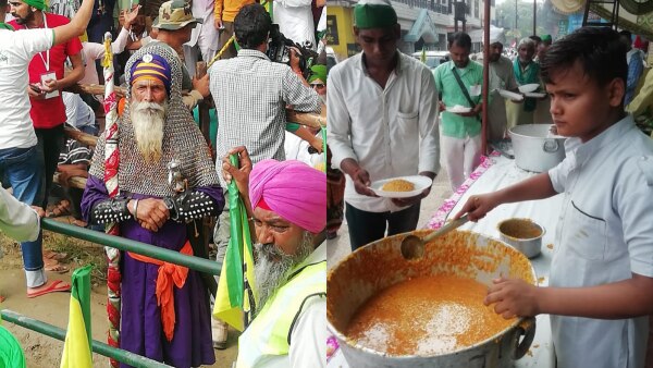 पंचायत में पहुंचे एक निहंग सिख (लेफ्ट), भंडारे के भी भरपूर इंतजाम किए गए हैं. (दाएं) फोटो-आजतक Ahapanchayat2