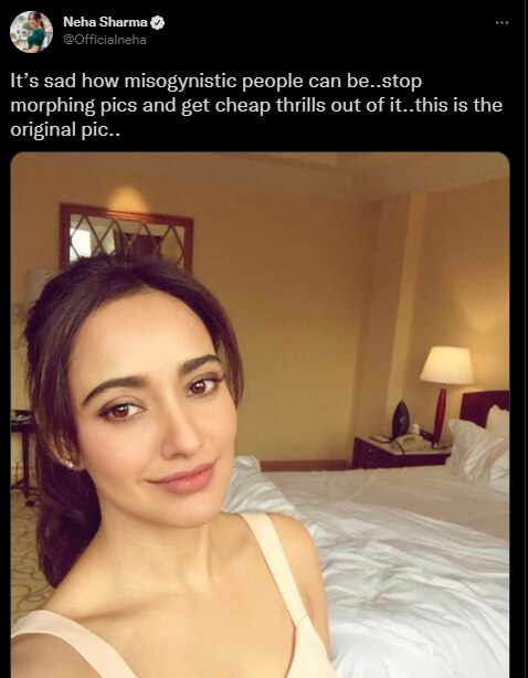 नेहा शर्मा का वो ट्वीट जिसमें उन्होंने उनकी फोटो मॉर्फ करने वालों को डांट लगाई थी. नेहा शर्मा का वो ट्वीट जिसमें उन्होंने उनकी फोटो मॉर्फ करने वालों को डांट लगाई थी.