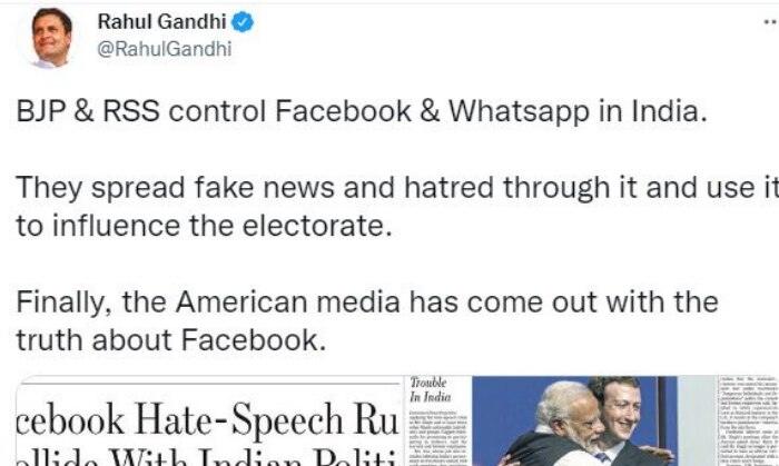 2020 में राहुल गांधी के एक ट्वीट का स्क्रीनशॉट, जिसमें मोदी और मार्क जुकरबर्ग पर हेट-स्पीच फैलाने का आरोप लगाया गया था 2020 में राहुल गांधी के एक ट्वीट का स्क्रीनशॉट, जिसमें मोदी और मार्क जुकरबर्ग पर हेट-स्पीच फैलाने का आरोप लगाया गया था