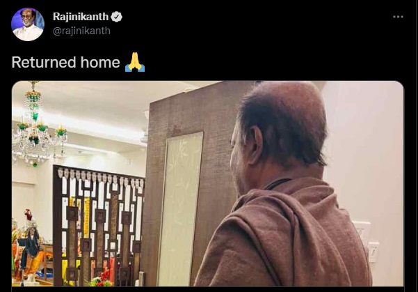 घर लौटने के बाद किए रजनीकांत के सोशल मीडिया पोस्ट का स्क्रीनग्रैब. घर लौटने के बाद किए रजनीकांत के सोशल मीडिया पोस्ट का स्क्रीनग्रैब.