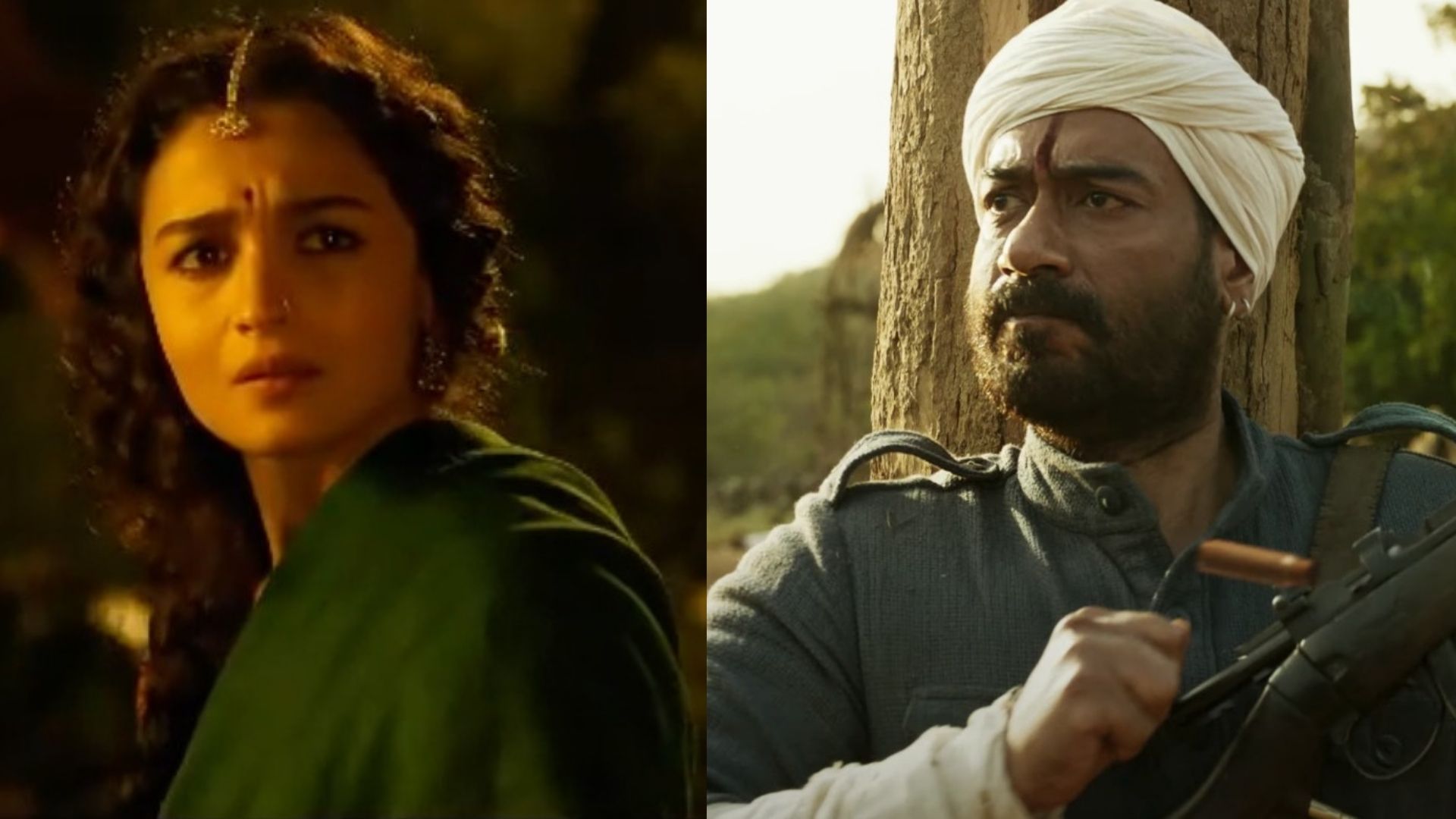 RRR के दो अलग-अलग सीन्स में आलिया भट्ट और अजय देवगन. RRR के दो अलग-अलग सीन्स में आलिया भट्ट और अजय देवगन.