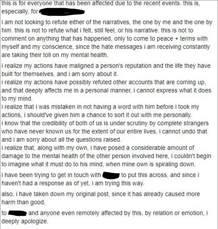 The girl's post whjerre she expalisn her position,. Her oriiginal post where she has accusd him no longer exists. Photo courtesy Facebook