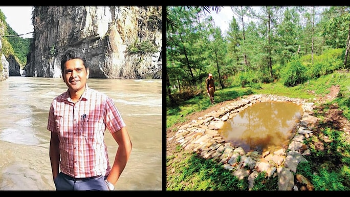 (Left) IFS Officer Vaibhav Singh; (Right) One of the hundreds of chal kahls constructed to harvet rainwater that helps restore the fragile terrain of the Rudraprayag hills.