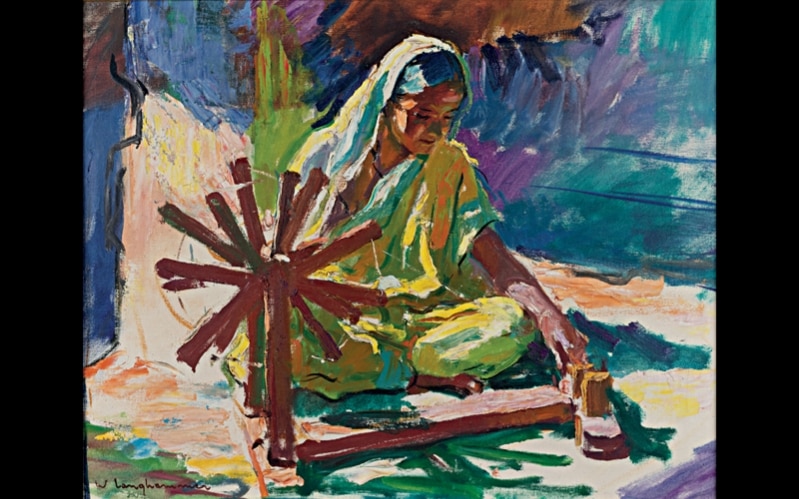 Portrait of a Woman at a Spinning Wheel by Walter Langhammer
