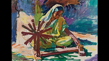 Portrait of a Woman at a Spinning Wheel by Walter Langhammer