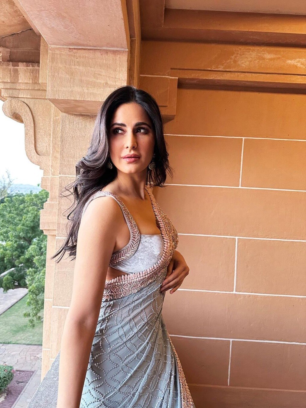 साड़ी संग कटरीना ने पहना डीपनेक ब्लाउज, लहराईं जुल्फें