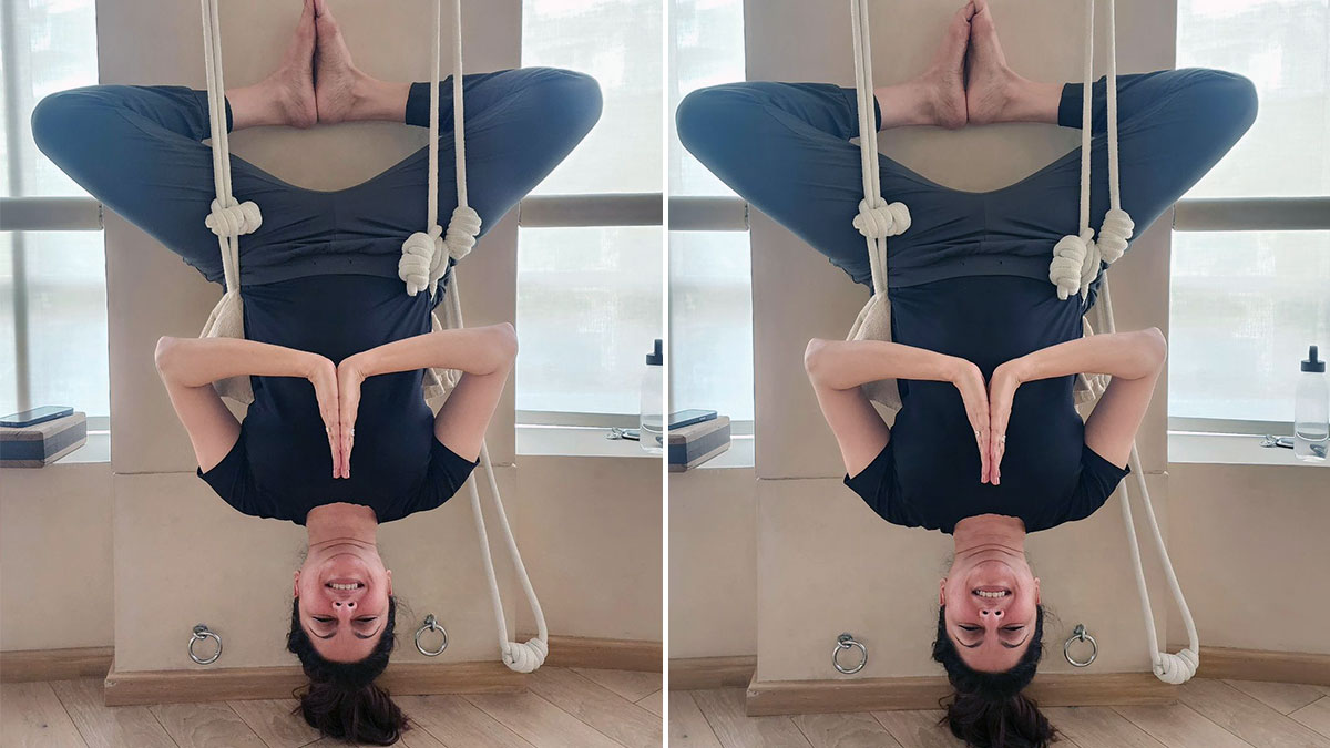 पैर ऊपर-सिर नीचे, 55 की एक्ट्रेस का एरियल योग देख लोग हैरान, बोले- गजब