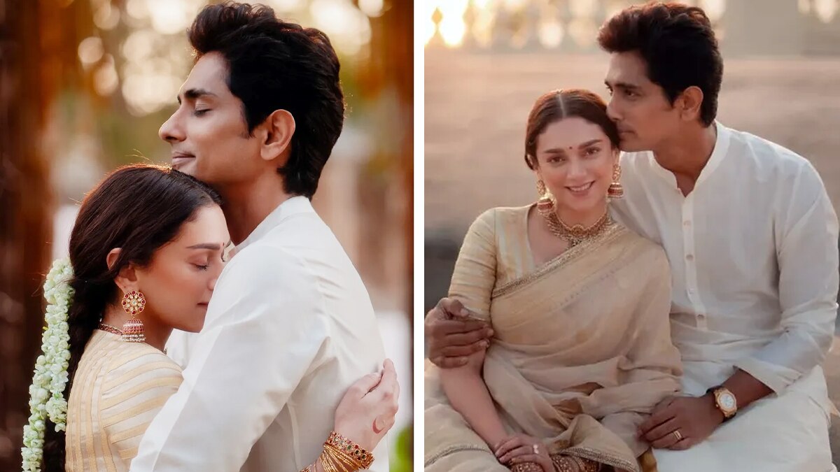 हाथ में बना चांद-नाक में स्टड, अदिति का सिम्पल ब्राइडल लुक, दूल्हे ने पहनी मुंडू धोती