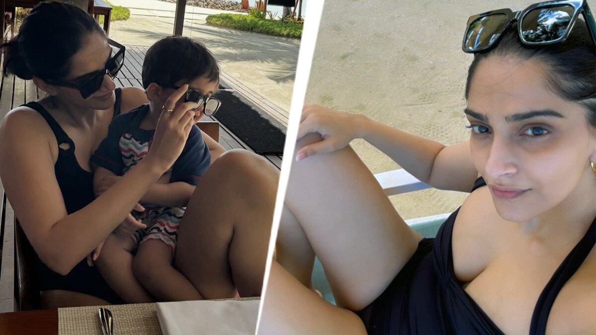 मोनोकनी में सोनम, बेटे-पति संग की मालदीव की सैर, छिपाया लाडले का चेहरा