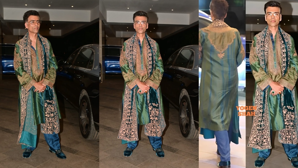 भारी-भरकम कुर्ता..कढ़ाईदार स्टॉल, दूल्हे की तरह सज धजकर गणपति दर्शन के लिए पहुंचे करण जौहर