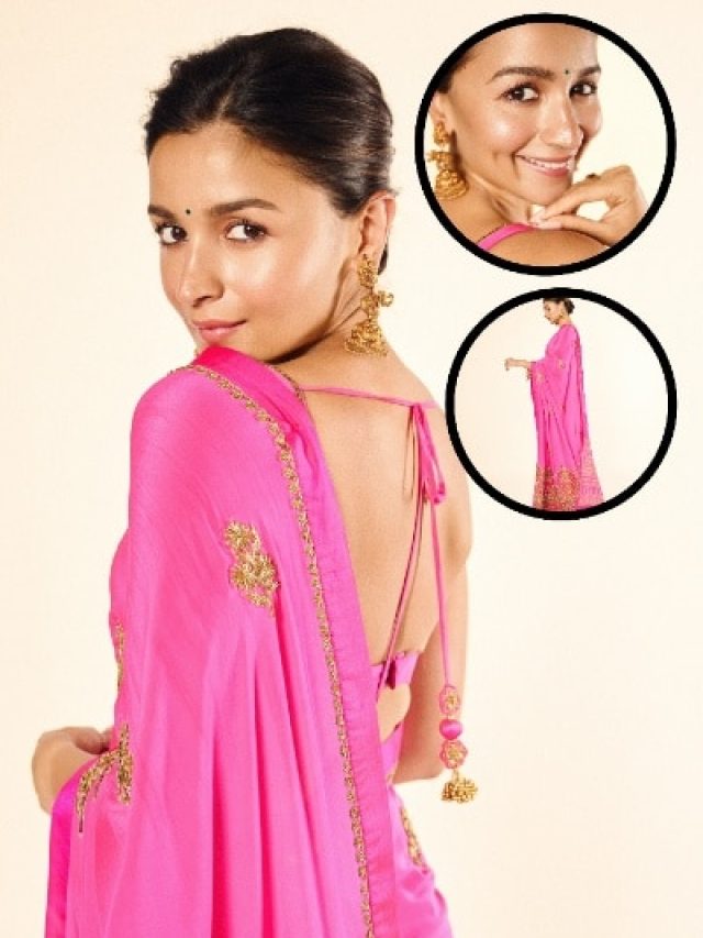 डीपनेक ब्लाउज, गुलाबी साड़ी में छा गईं आलिया भट्ट, गोल्डन ईयररिंग्स ने लगाए चार चांद
