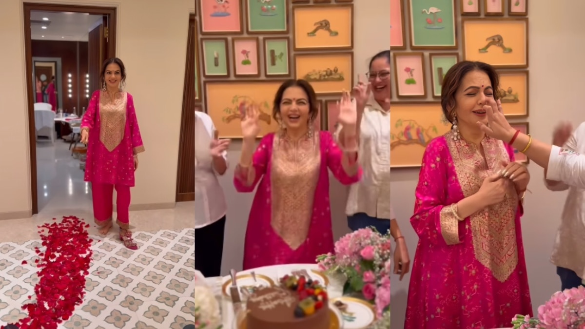 सैंडल उतार फूलों पर चलीं नीता अंबानी, चेहरे पर केक, 'फिल्मी' बर्थडे सेलिब्रेशन, VIDEO