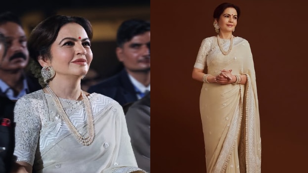6 गज की फुलवारी साड़ी में नीता अंबानी का रॉयल लुक, मोतियों का नेकलेस भी था खास