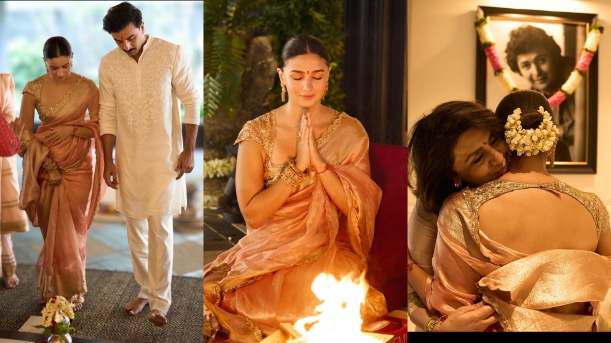 पिंक साड़ी..टेंपल जूलरी पहन सजीं आलिया, पति रणबीर संग किया 'गृहप्रवेश', PHOTOS