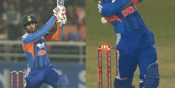 बेल्स उड़ी, पर जमीन पर गिरी नहीं... बाल-बाल बचे जितेश, VIDEO