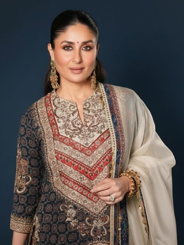 माथे पर बिंदी लगा 'देसी क्वीन' बनीं करीना, लाखों के अजरख प्रिंट सूट में ढाया कहर