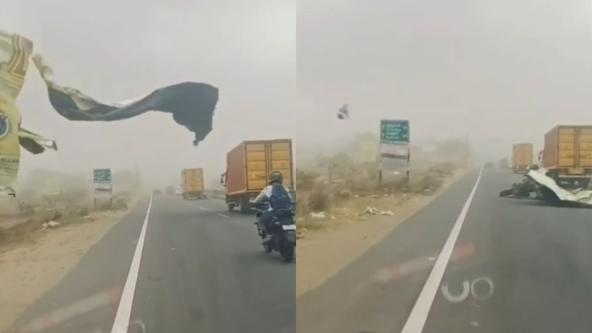 Video: हाईवे पर खौफनाक पल, बैनर गिरते ही फिसली बाइक