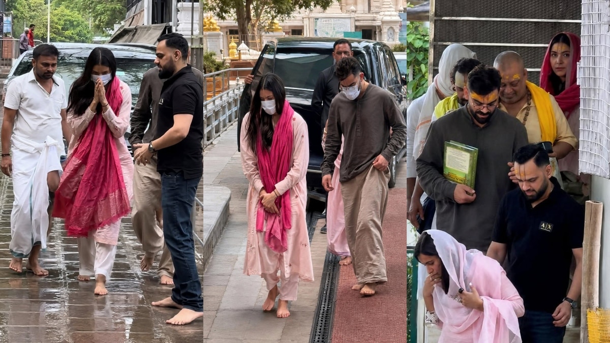 पिंक सलवार-सूट, गले में तुलसी माला, वृंदावन में अनुष्का के सिंपल लुक ने जीता दिल
